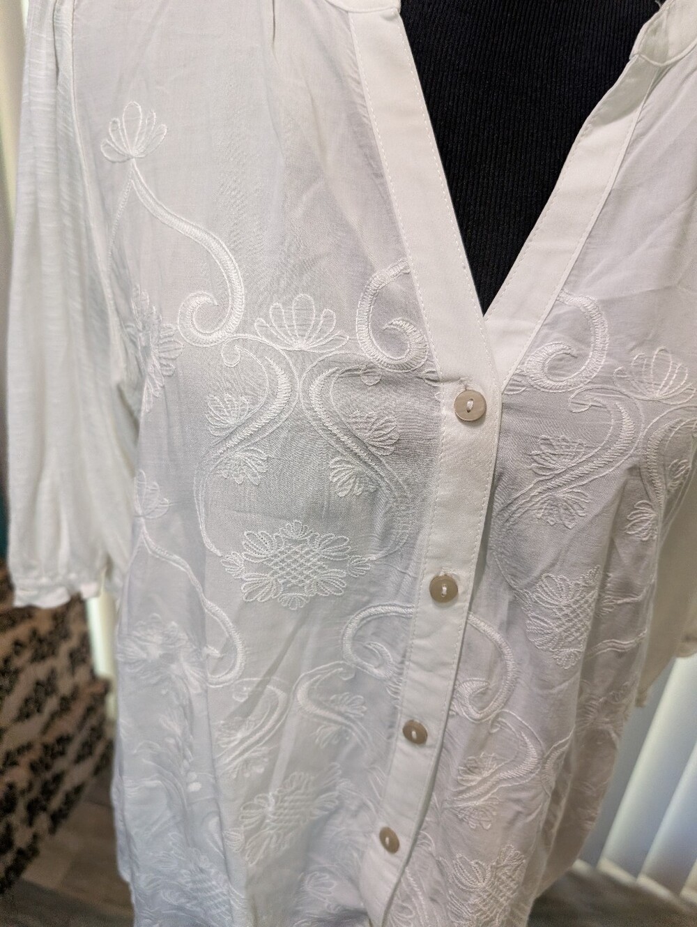 Democracy White on White Embroidered Short Sleeve Button Down Blouse - Picture 3 of 7